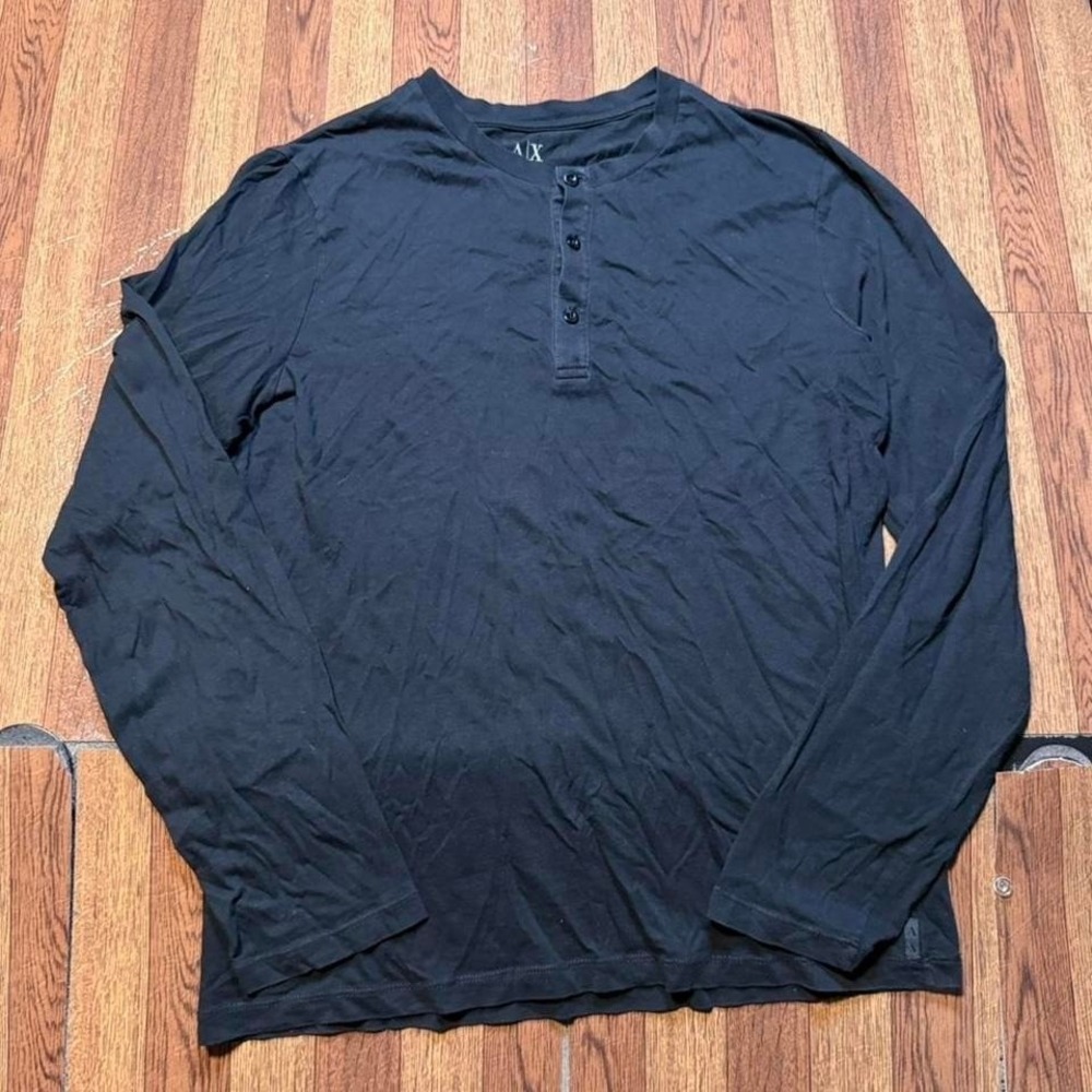 Armani Exchange Black Henley Waffle Sleeve Button Shirt Fits Small